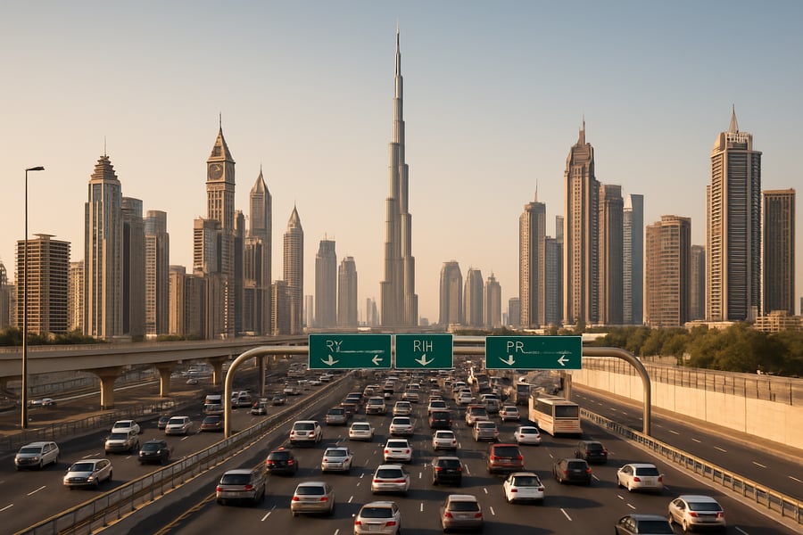 Dubai skyline with a busy toll road